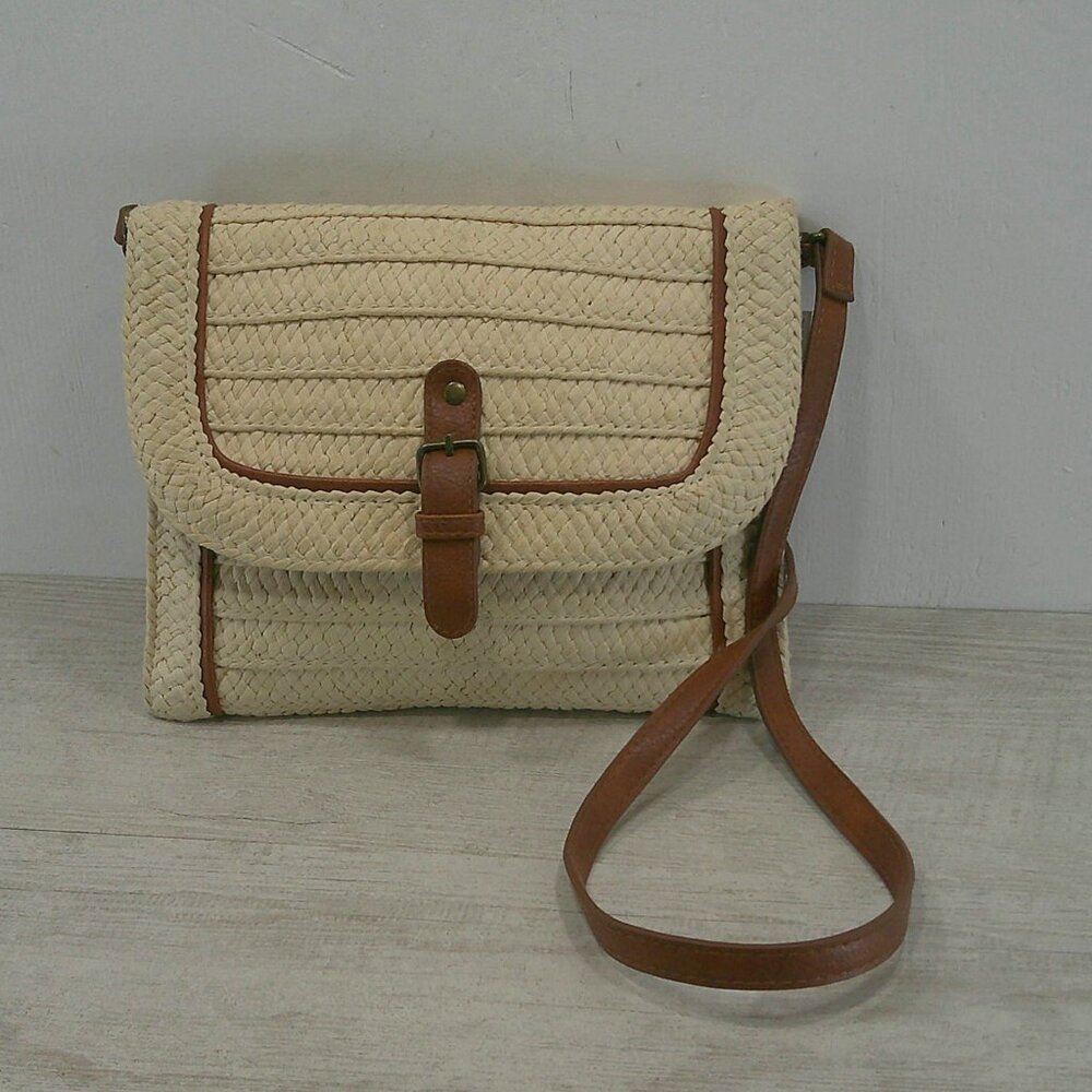 Sun "N" Sand Retro Summer Light Tan Woven Straw Coastal Chic Crossbody bag Purse